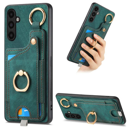 For Samsung Galaxy A14 4G / 5G Case Ring Kickstand Leather Retro Back Cover with Card Holder