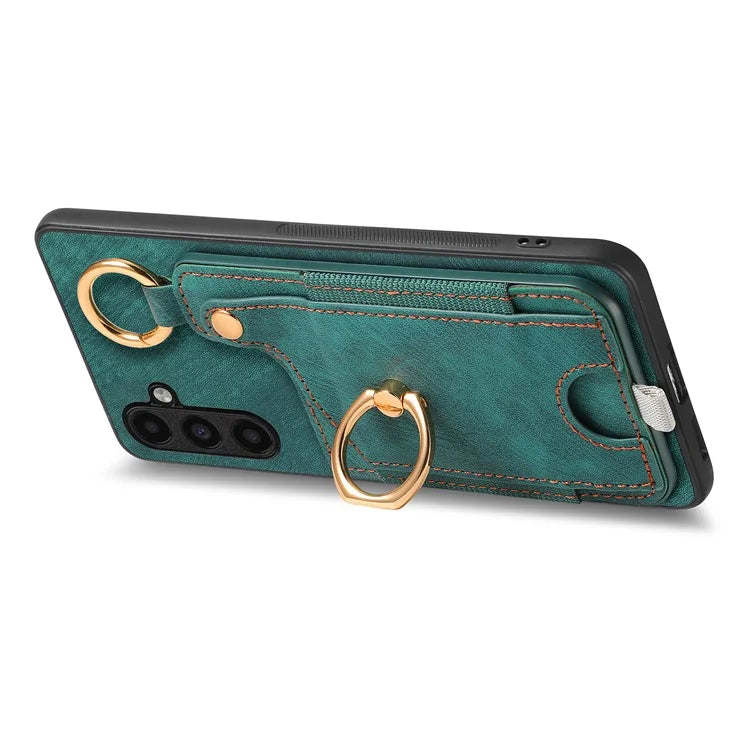 For Samsung Galaxy A14 4G / 5G Case Ring Kickstand Leather Retro Back Cover with Card Holder