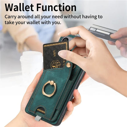 For Samsung Galaxy A14 4G / 5G Case Ring Kickstand Leather Retro Back Cover with Card Holder
