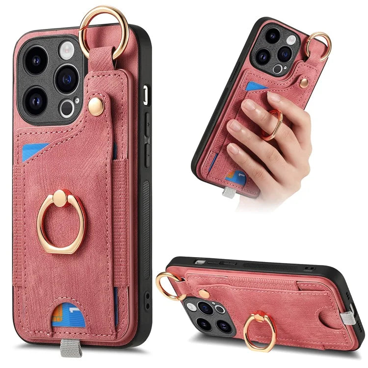 D6 For iPhone 15 Pro Max Case Leather Kickstand Phone Protective Shell Retro Card Holder