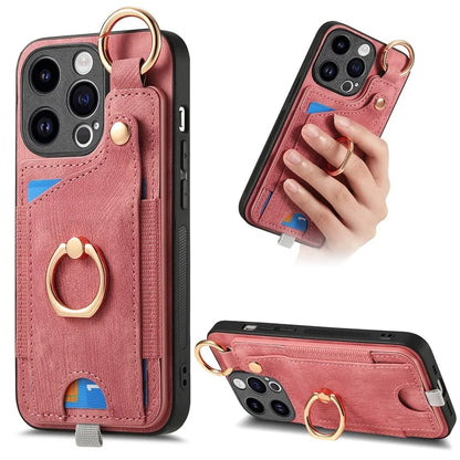 D6 For iPhone 15 Pro Max Case Leather Kickstand Phone Protective Shell Retro Card Holder