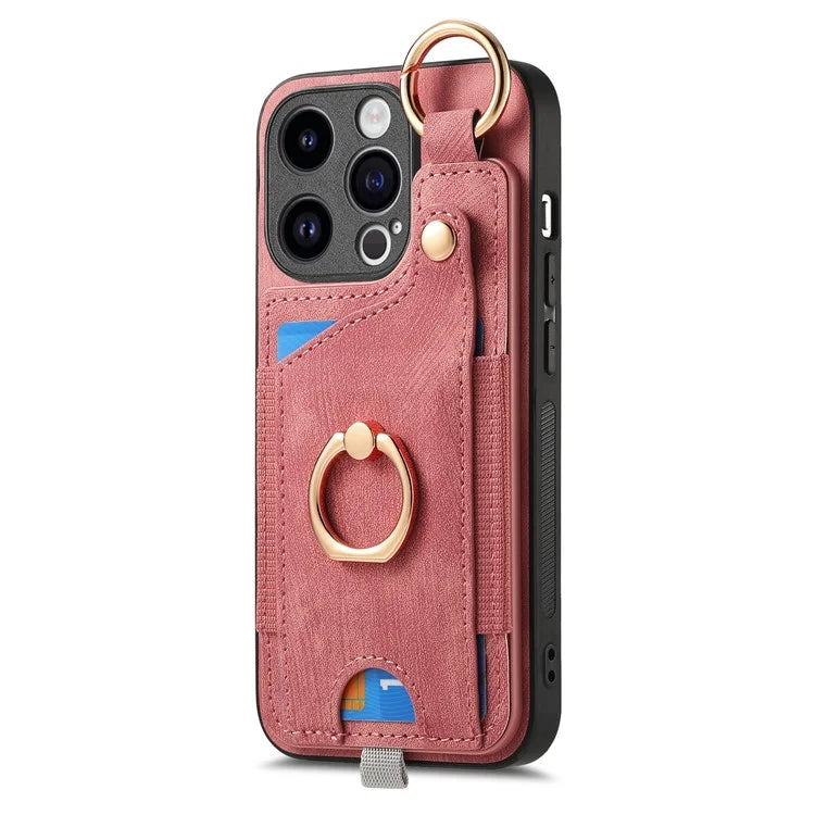 D6 For iPhone 15 Pro Max Case Leather Kickstand Phone Protective Shell Retro Card Holder
