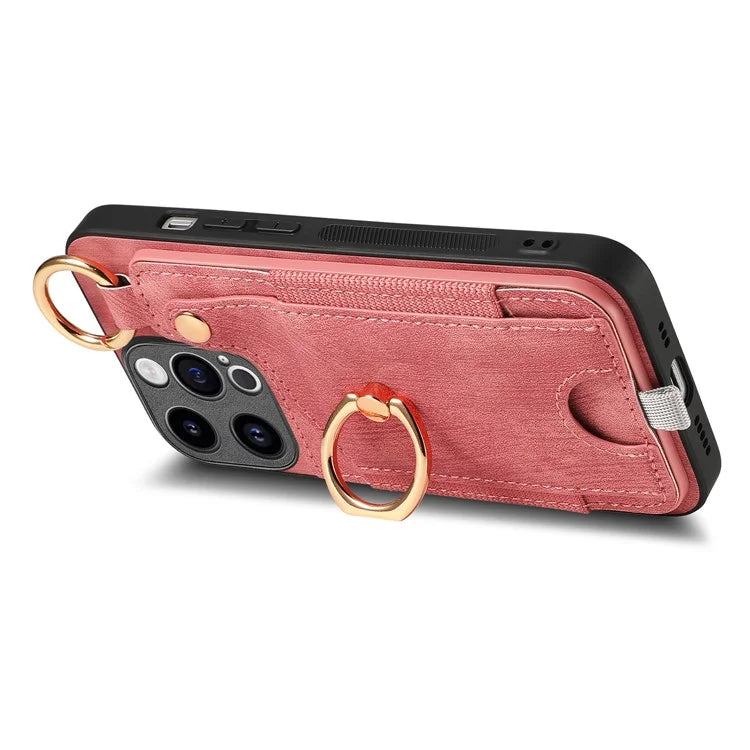 D6 For iPhone 15 Pro Max Case Leather Kickstand Phone Protective Shell Retro Card Holder
