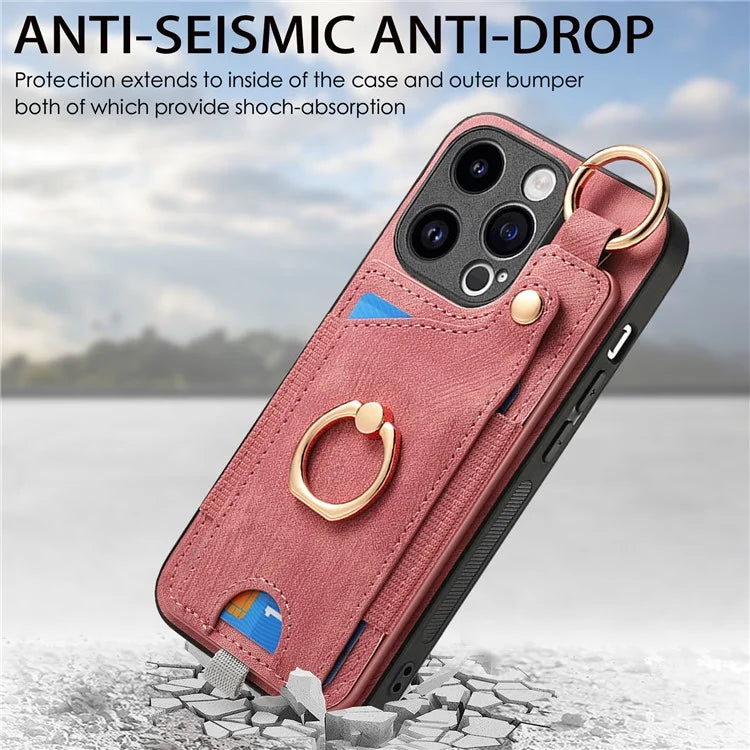 D6 For iPhone 15 Pro Max Case Leather Kickstand Phone Protective Shell Retro Card Holder
