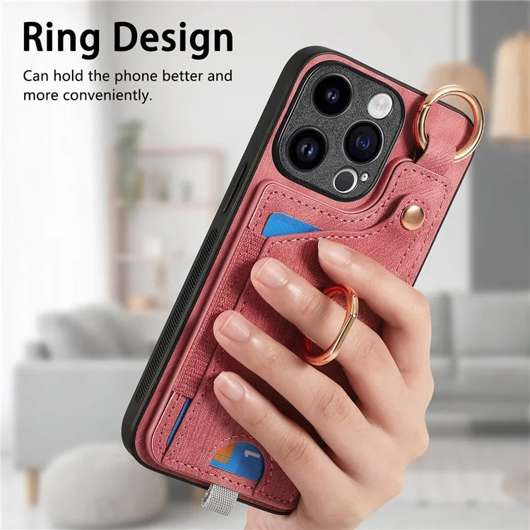 D6 For iPhone 15 Pro Max Case Leather Kickstand Phone Protective Shell Retro Card Holder
