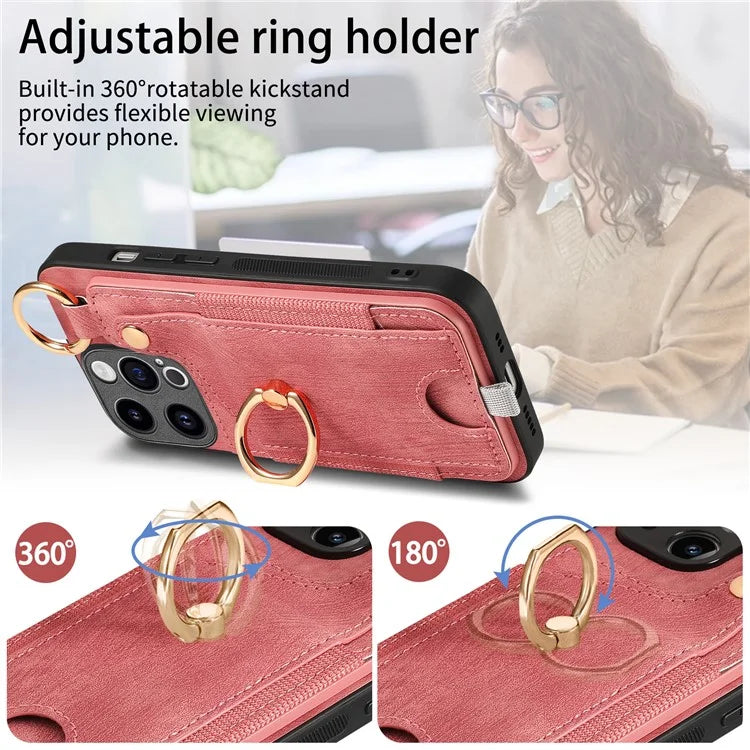 D6 For iPhone 15 Pro Max Case Leather Kickstand Phone Protective Shell Retro Card Holder
