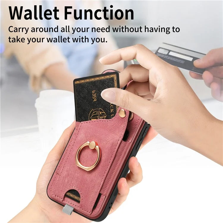 D6 For iPhone 15 Pro Max Case Leather Kickstand Phone Protective Shell Retro Card Holder