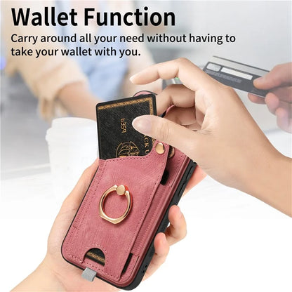 D6 For iPhone 15 Pro Max Case Leather Kickstand Phone Protective Shell Retro Card Holder