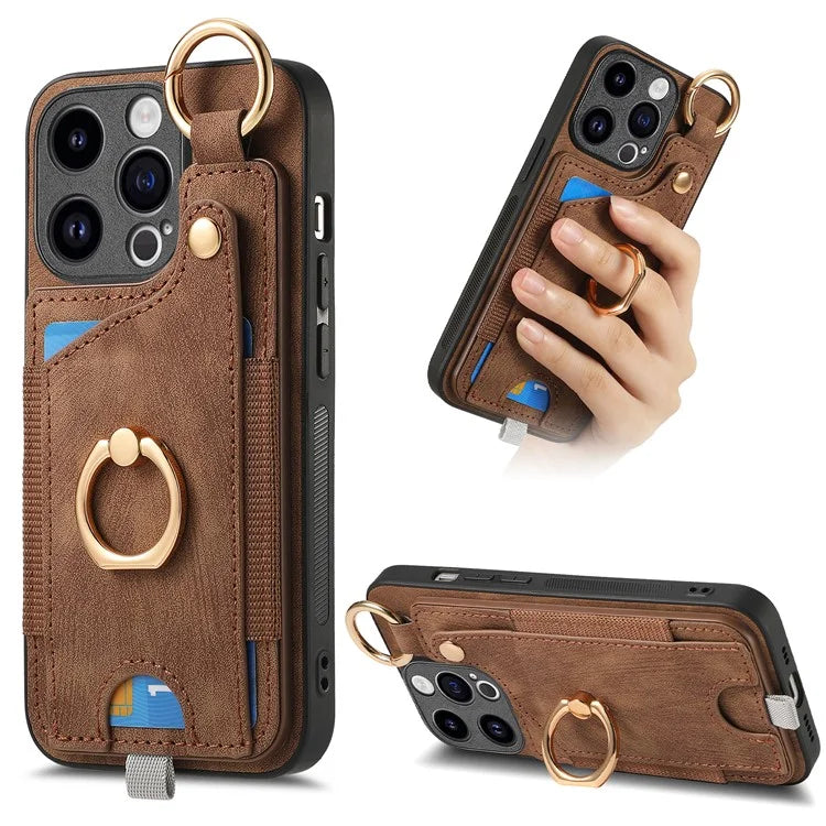 D6 For iPhone 15 Pro Max Case Leather Kickstand Phone Protective Shell Retro Card Holder