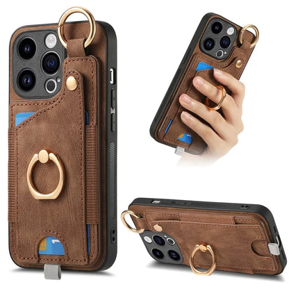 D6 For iPhone 15 Pro Max Case Leather Kickstand Phone Protective Shell Retro Card Holder