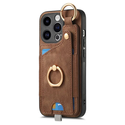 D6 For iPhone 15 Pro Max Case Leather Kickstand Phone Protective Shell Retro Card Holder