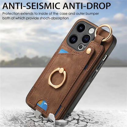D6 For iPhone 15 Pro Max Case Leather Kickstand Phone Protective Shell Retro Card Holder