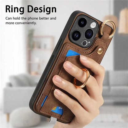 D6 For iPhone 15 Pro Max Case Leather Kickstand Phone Protective Shell Retro Card Holder