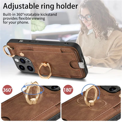 D6 For iPhone 15 Pro Max Case Leather Kickstand Phone Protective Shell Retro Card Holder