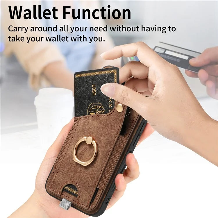 D6 For iPhone 15 Pro Max Case Leather Kickstand Phone Protective Shell Retro Card Holder