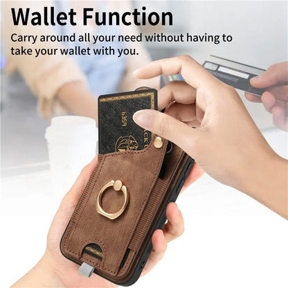 D6 For iPhone 15 Pro Max Case Leather Kickstand Phone Protective Shell Retro Card Holder