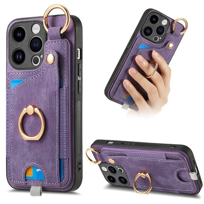 D6 For iPhone 15 Pro Max Case Leather Kickstand Phone Protective Shell Retro Card Holder