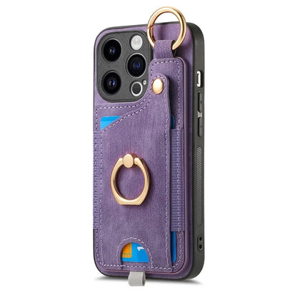 D6 For iPhone 15 Pro Max Case Leather Kickstand Phone Protective Shell Retro Card Holder