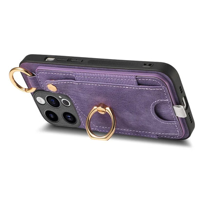 D6 For iPhone 15 Pro Max Case Leather Kickstand Phone Protective Shell Retro Card Holder