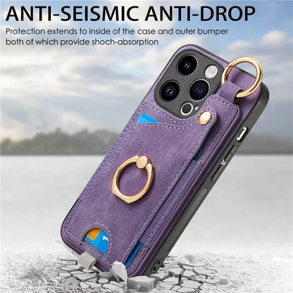 D6 For iPhone 15 Pro Max Case Leather Kickstand Phone Protective Shell Retro Card Holder