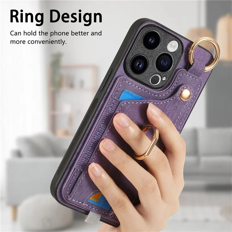 D6 For iPhone 15 Pro Max Case Leather Kickstand Phone Protective Shell Retro Card Holder