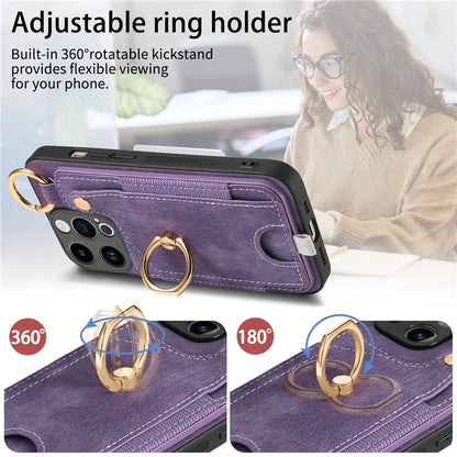 D6 For iPhone 15 Pro Max Case Leather Kickstand Phone Protective Shell Retro Card Holder