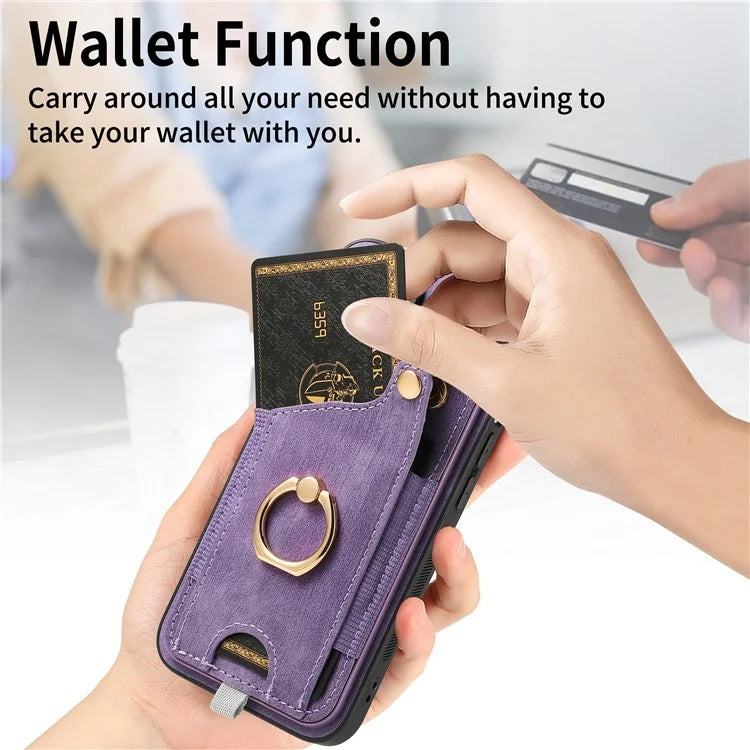 D6 For iPhone 15 Pro Max Case Leather Kickstand Phone Protective Shell Retro Card Holder