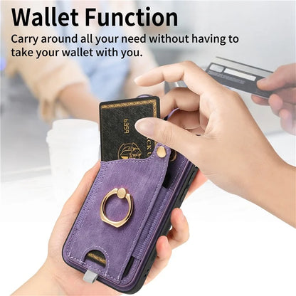 D6 For iPhone 15 Pro Max Case Leather Kickstand Phone Protective Shell Retro Card Holder