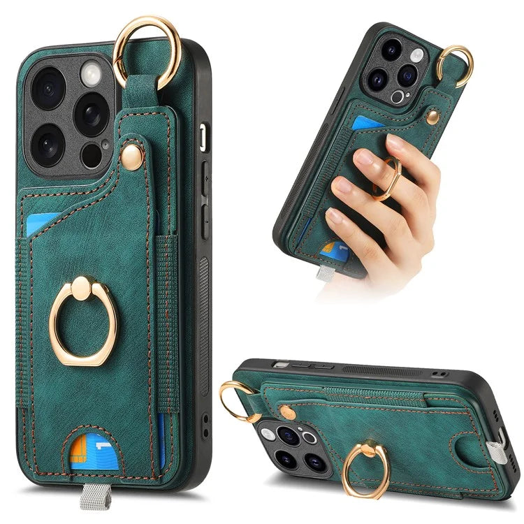 D6 For iPhone 15 Pro Max Case Leather Kickstand Phone Protective Shell Retro Card Holder