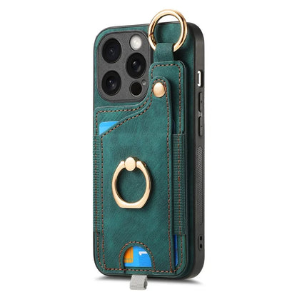 D6 For iPhone 15 Pro Max Case Leather Kickstand Phone Protective Shell Retro Card Holder