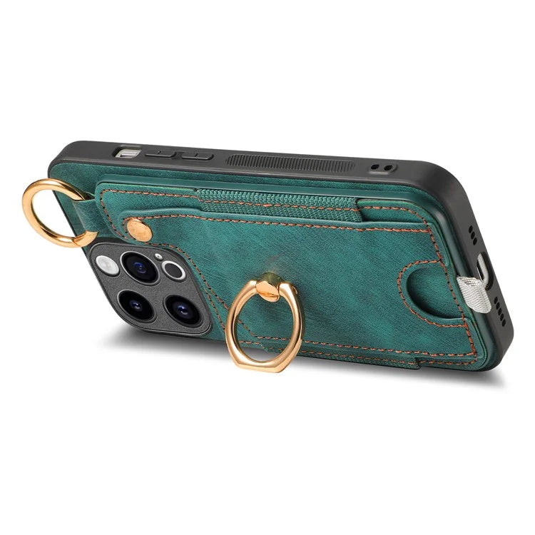 D6 For iPhone 15 Pro Max Case Leather Kickstand Phone Protective Shell Retro Card Holder