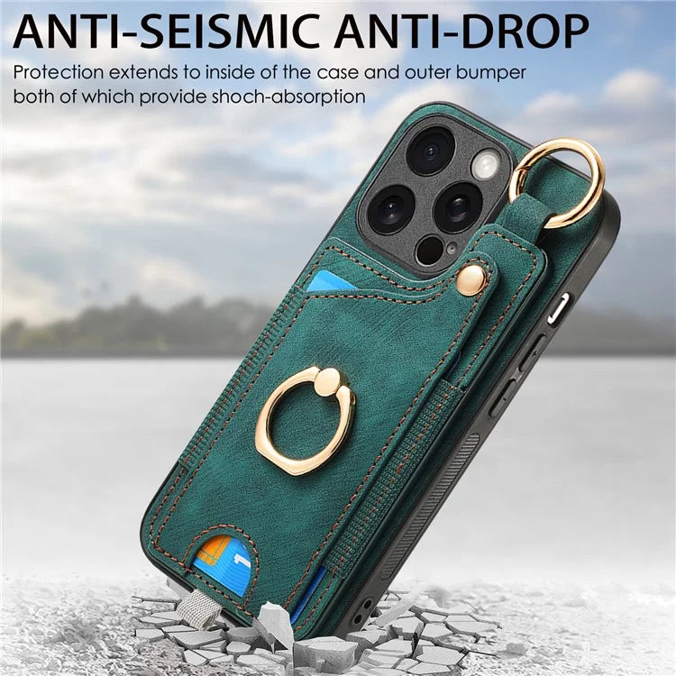 D6 For iPhone 15 Pro Max Case Leather Kickstand Phone Protective Shell Retro Card Holder