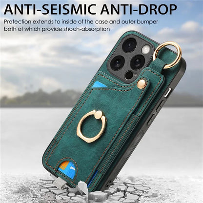 D6 For iPhone 15 Pro Max Case Leather Kickstand Phone Protective Shell Retro Card Holder