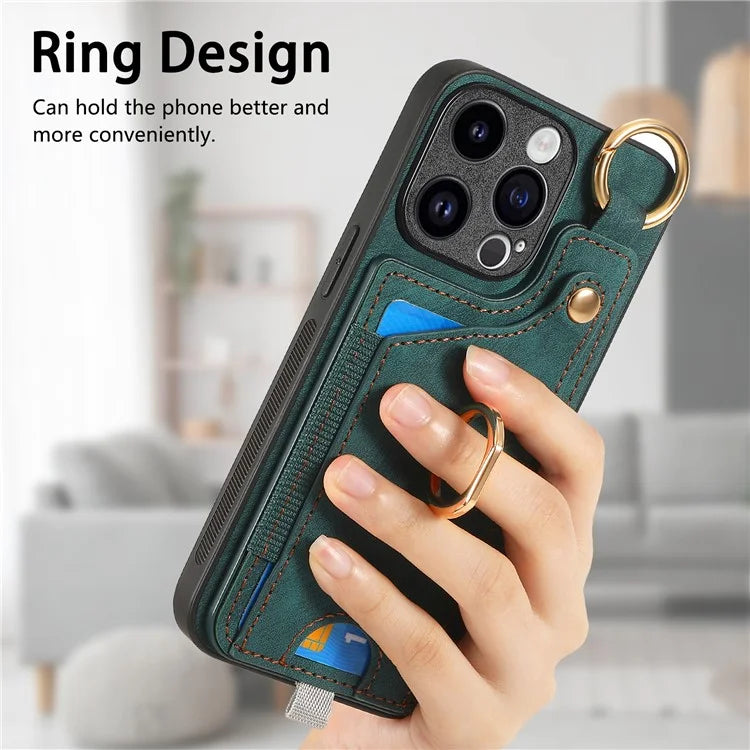 D6 For iPhone 15 Pro Max Case Leather Kickstand Phone Protective Shell Retro Card Holder