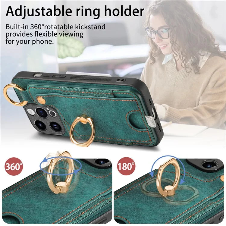 D6 For iPhone 15 Pro Max Case Leather Kickstand Phone Protective Shell Retro Card Holder