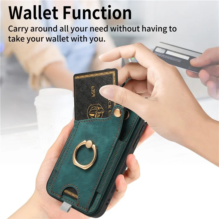 D6 For iPhone 15 Pro Max Case Leather Kickstand Phone Protective Shell Retro Card Holder