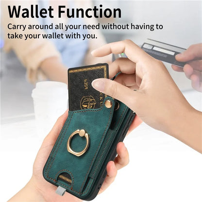 D6 For iPhone 15 Pro Max Case Leather Kickstand Phone Protective Shell Retro Card Holder