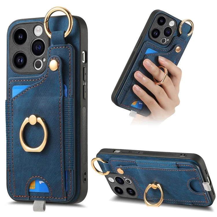 D6 For iPhone 15 Pro Max Case Leather Kickstand Phone Protective Shell Retro Card Holder