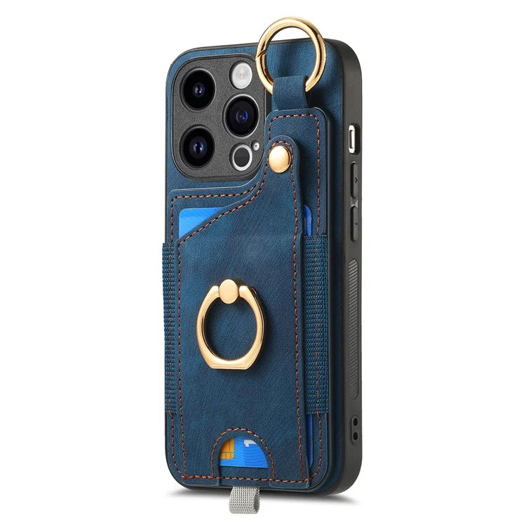 D6 For iPhone 15 Pro Max Case Leather Kickstand Phone Protective Shell Retro Card Holder