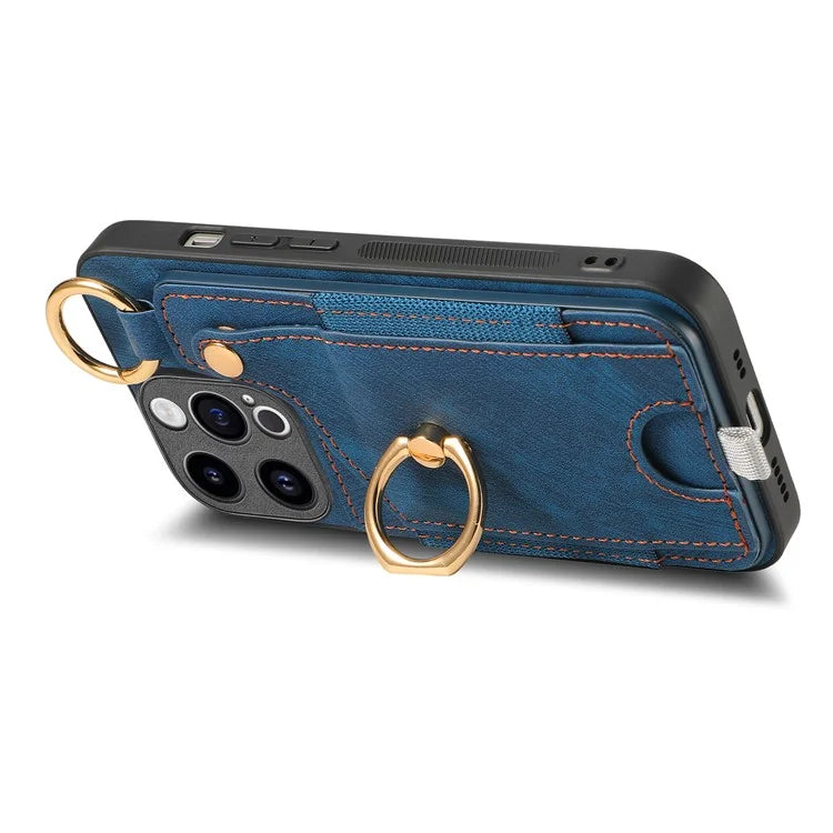 D6 For iPhone 15 Pro Max Case Leather Kickstand Phone Protective Shell Retro Card Holder