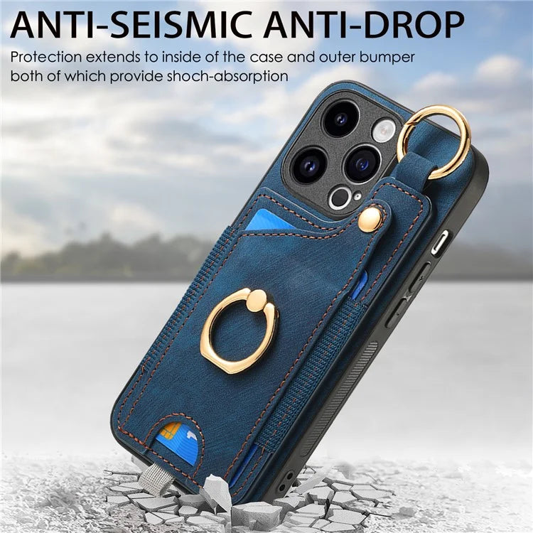 D6 For iPhone 15 Pro Max Case Leather Kickstand Phone Protective Shell Retro Card Holder
