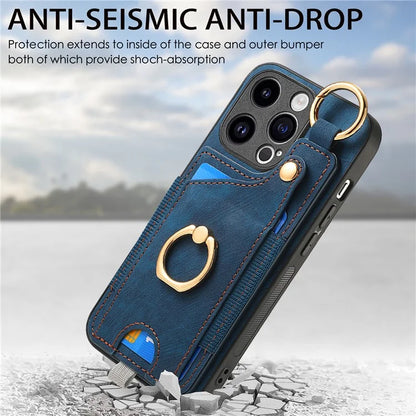 D6 For iPhone 15 Pro Max Case Leather Kickstand Phone Protective Shell Retro Card Holder