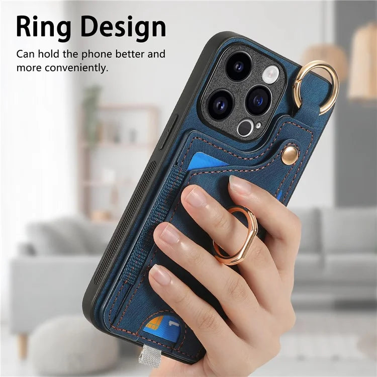 D6 For iPhone 15 Pro Max Case Leather Kickstand Phone Protective Shell Retro Card Holder