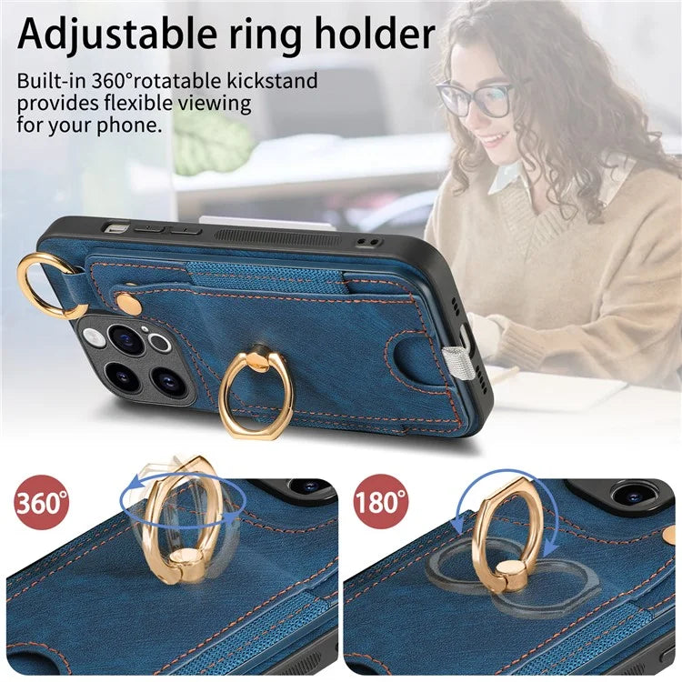 D6 For iPhone 15 Pro Max Case Leather Kickstand Phone Protective Shell Retro Card Holder
