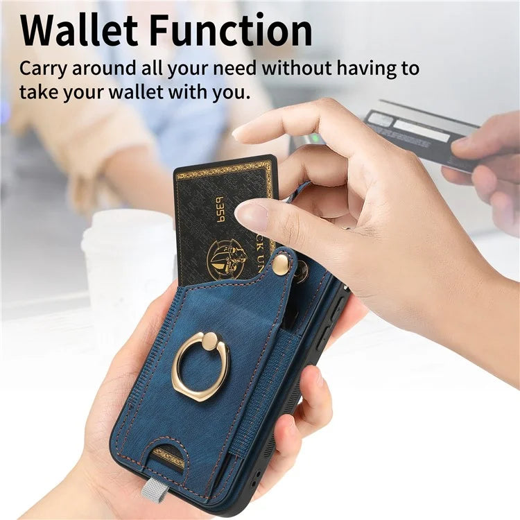 D6 For iPhone 15 Pro Max Case Leather Kickstand Phone Protective Shell Retro Card Holder