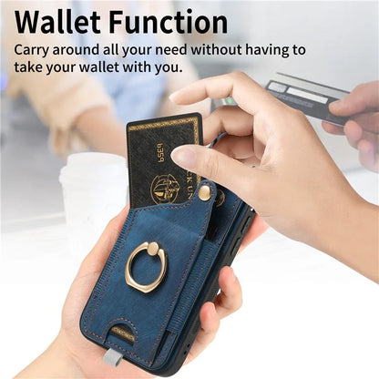 D6 For iPhone 15 Pro Max Case Leather Kickstand Phone Protective Shell Retro Card Holder