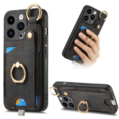 D6 For iPhone 15 Pro Max Case Leather Kickstand Phone Protective Shell Retro Card Holder