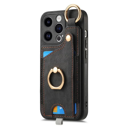 D6 For iPhone 15 Pro Max Case Leather Kickstand Phone Protective Shell Retro Card Holder