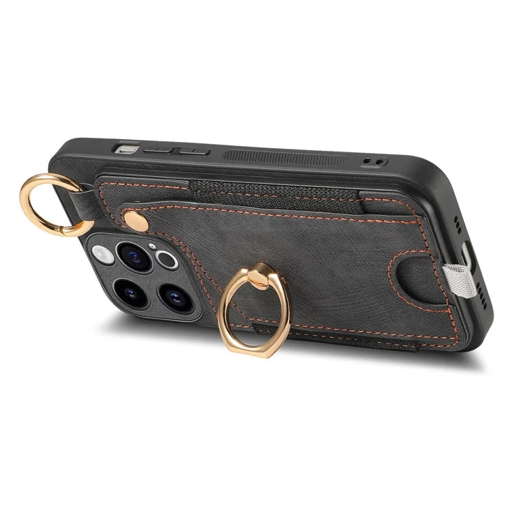 D6 For iPhone 15 Pro Max Case Leather Kickstand Phone Protective Shell Retro Card Holder