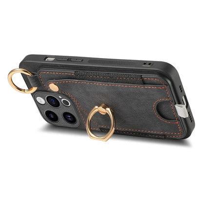 D6 For iPhone 15 Pro Max Case Leather Kickstand Phone Protective Shell Retro Card Holder
